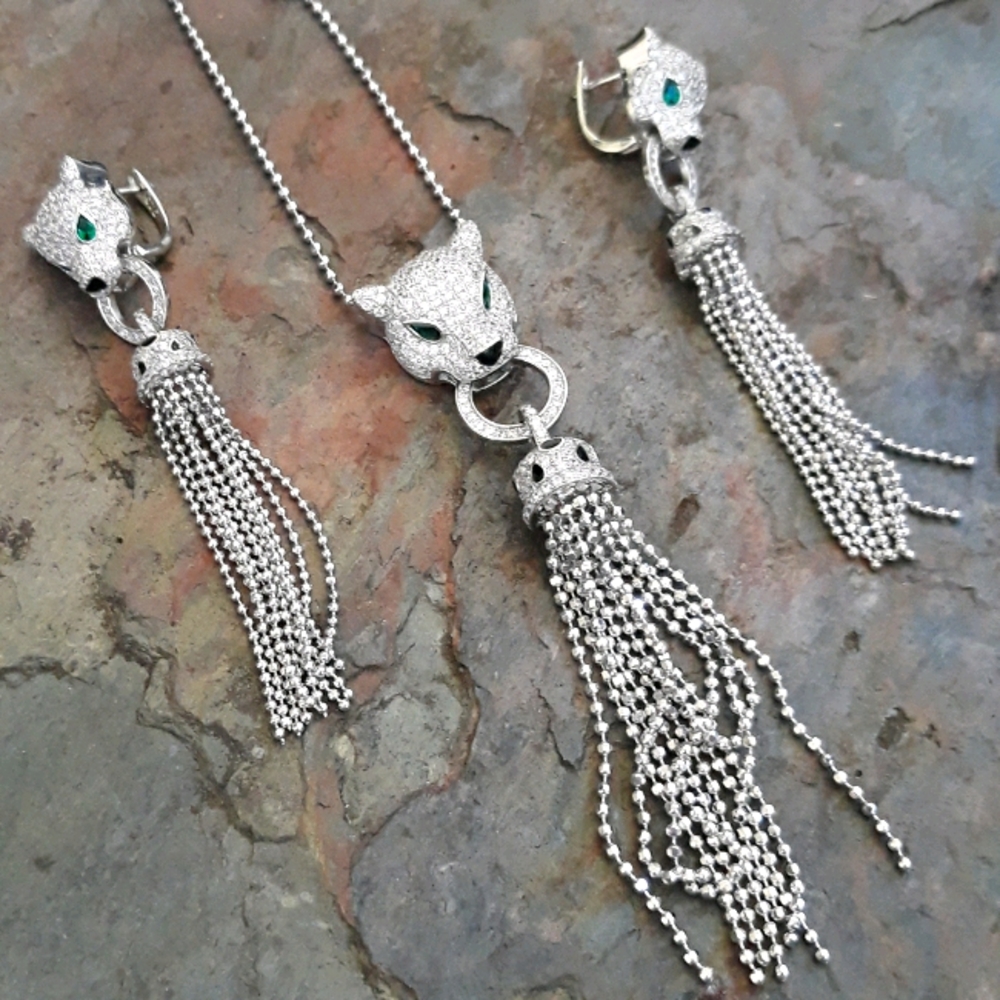 14K White Gold Coating Panther Necklace Set *101
